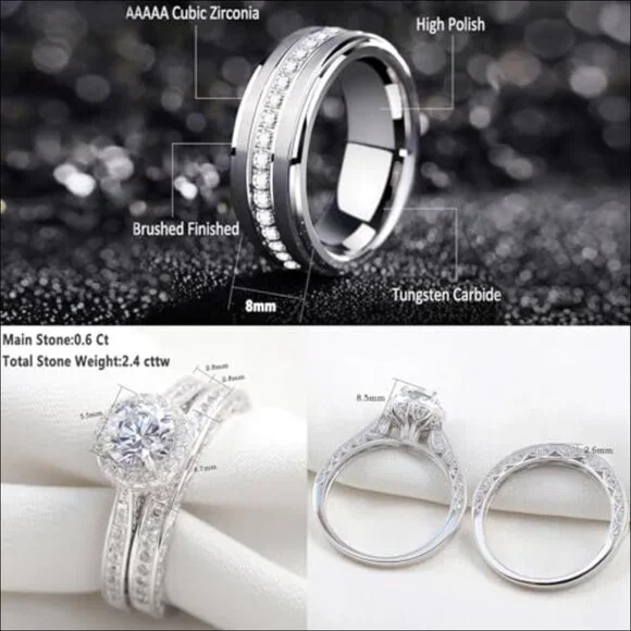 Sterling Silver and Tungsten Carbide Wedding Rings Set with Cubic Zirconia